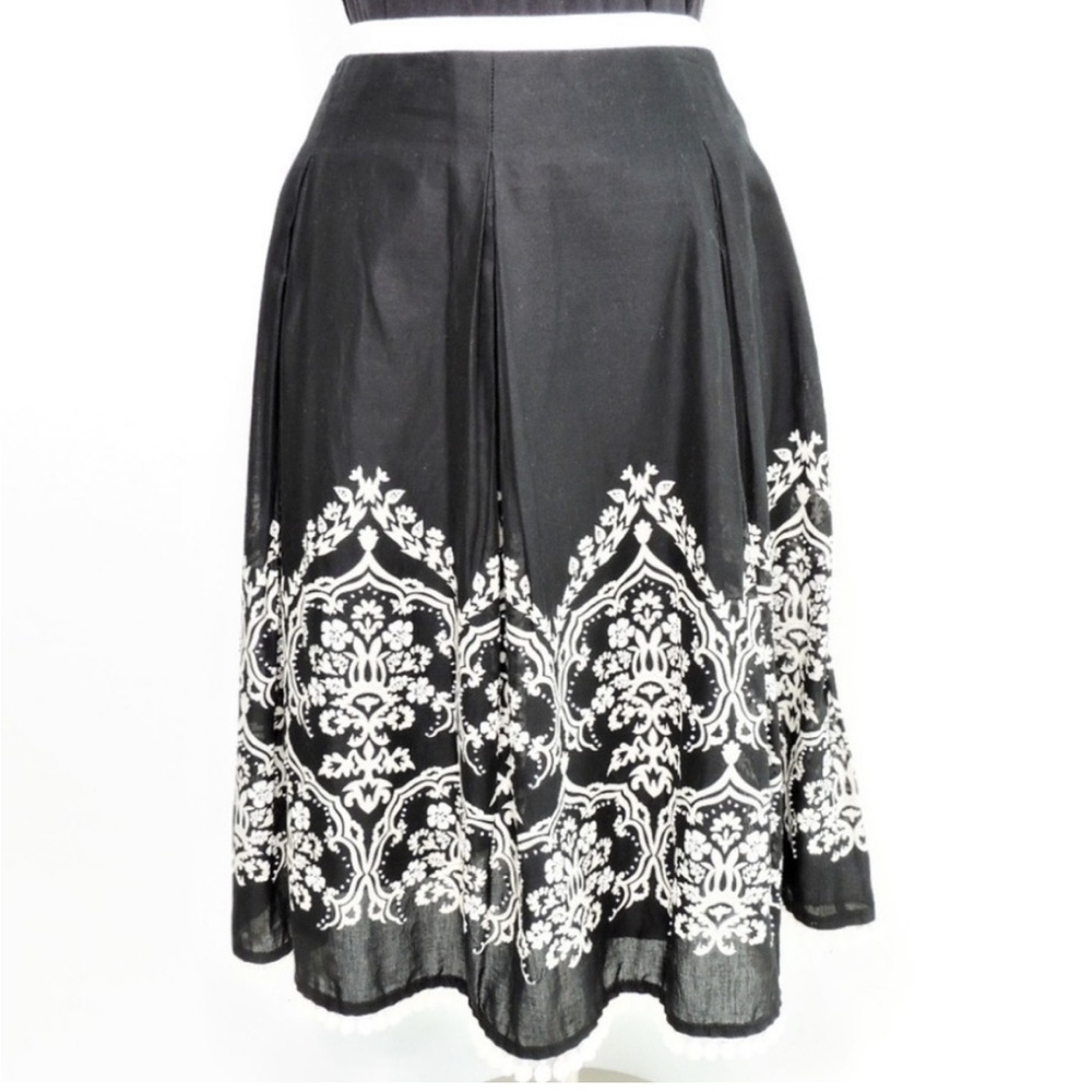 LOFT Black A-line Cotton Pleated Midi Skirt Beaded and PomPom Trim - Picture 2 of 11